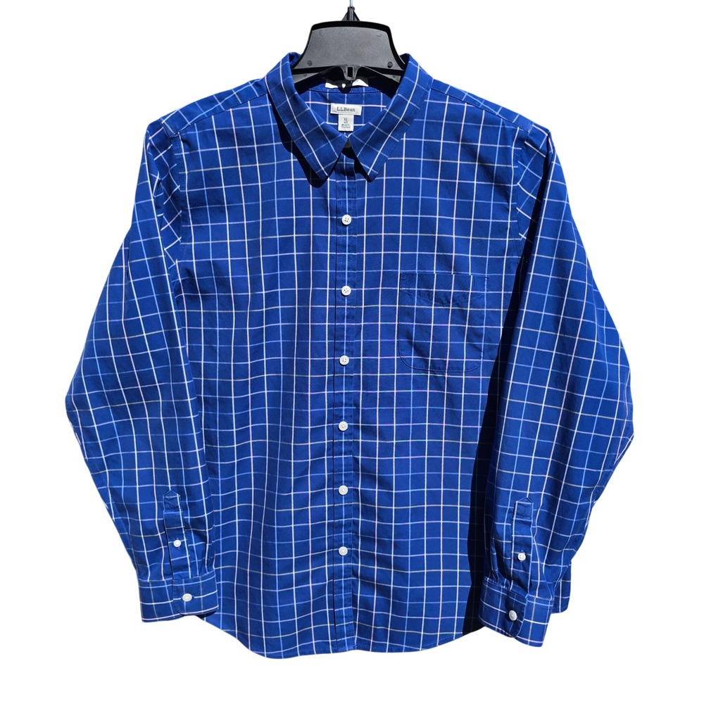 L.L. Bean Mens XL Blue Windowpane Wrinkle Free Cotton Button Down Shirt 503436